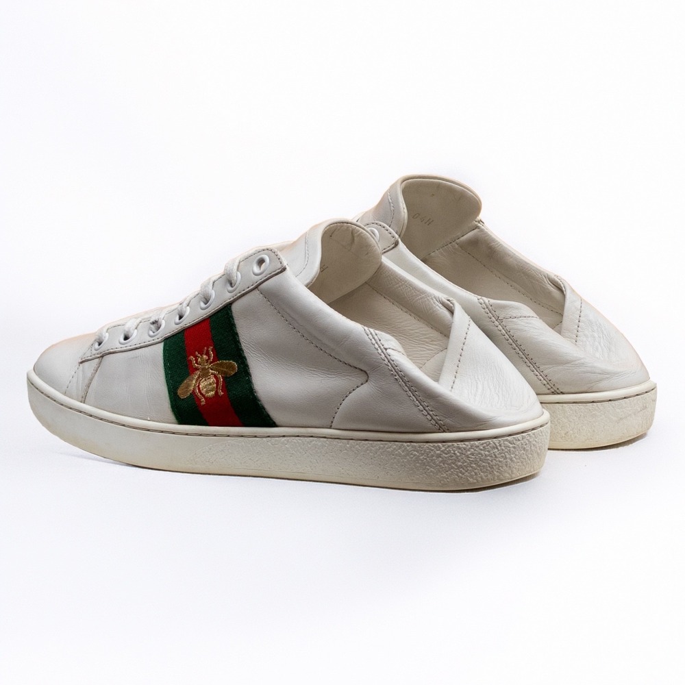 Gucci White Leather Low-Top Sneakers with Green and Red Web and Gold Bee - Picture 2 of 15